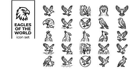 Obraz premium Eagles of the World Bold Line Icons-Bald Eagle Golden Eagle Harpy Philippine Martial Steller Sea Eagle White-Tailed Wedge-Tailed Harpy-25 Eagle Icon Set Vector