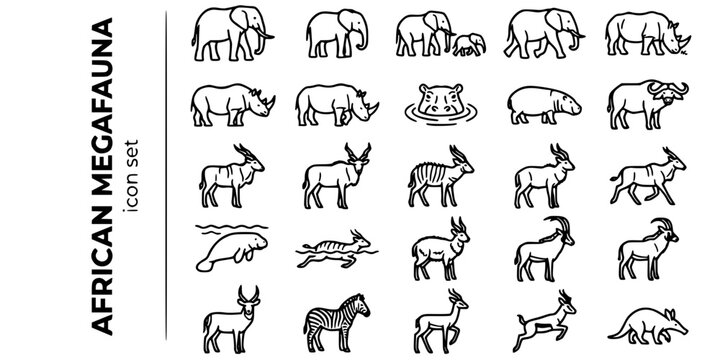 African Megafauna Large Mammals Bold Line Icons-Bush Elephant Forest Elephant Rhino Hippo Buffalo Eland Bongo Nyala Pygmy Hippo-25 Megafauna Icon Set Vector