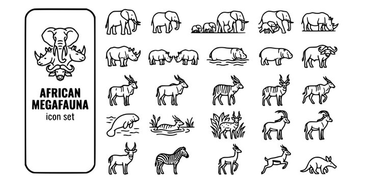African Megafauna Large Mammals Bold Line Icons-Bush Elephant Forest Elephant Rhino Hippo Buffalo Eland Bongo Nyala Pygmy Hippo-25 Megafauna Icon Set Vector