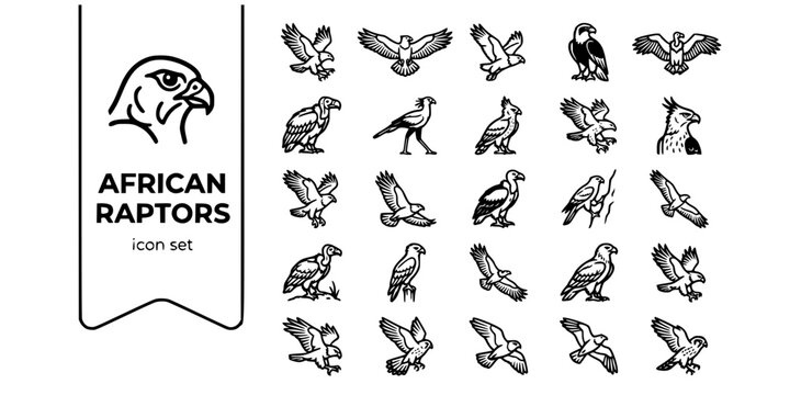 African Birds of Prey Raptors Bold Line Icons-Fish Eagle Martial Eagle Bateleur Verreaux Vulture Secretary Bird Crowned Eagle Hawk-25 Raptor Icon Set Vector