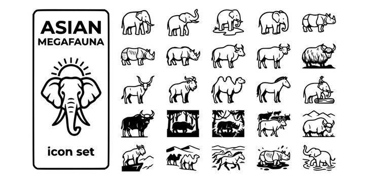 Asian Megafauna Large Mammals Bold Line Icons-Asian Elephant Rhinoceros Gaur Banteng Wild Yak Takin Bactrian Camel Przewalski Horse-25 Asian Mammals Icon Set Vector