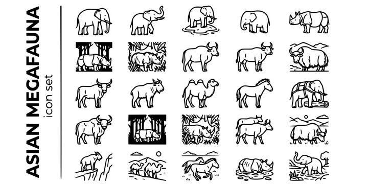 Asian Megafauna Large Mammals Bold Line Icons-Asian Elephant Rhinoceros Gaur Banteng Wild Yak Takin Bactrian Camel Przewalski Horse-25 Asian Mammals Icon Set Vector