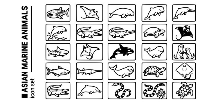 Asian Marine River Animals Bold Line Icons-Whale Shark Manta Ray Dugong Irrawaddy Dolphin Gharial Saltwater Crocodile Otter Porpoise-25 Asian Aquatic Icon Set Vector