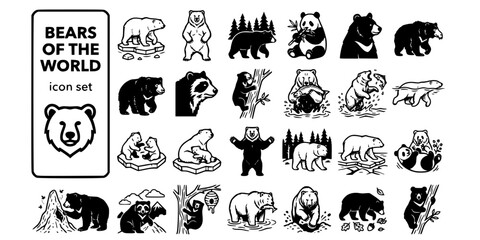 Fototapeta premium Bears of the World Bold Line Icons-Polar Bear Grizzly Brown Bear Giant Panda Asiatic Black Sloth Bear Spectacled Sun Bear Kodiak Kermode-25 Bears Icon Set Vector