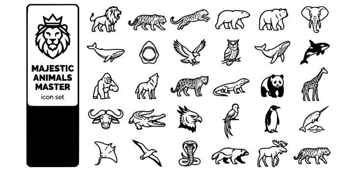 Ultimate Majestic Animals Master Bold Line Icons-Lion Tiger Snow Leopard Polar Bear Elephant Blue Whale Great White Eagle Gorilla Wolf Jaguar-30 Wildlife Master Reference Icon Set Vector