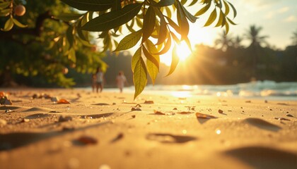 Obraz premium Sunset Beach with Silhouetted Figures and Lush Tree Leaves in Golden Hour