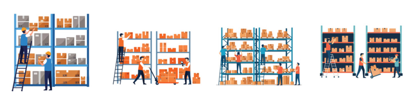 Warehouse workers organizing cardboard boxes on tall storage shelves, logistics and inventory management illustration set