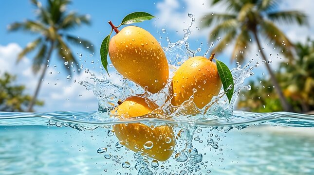 Mangga Tropis Segar dengan Percikan Air di Pantai