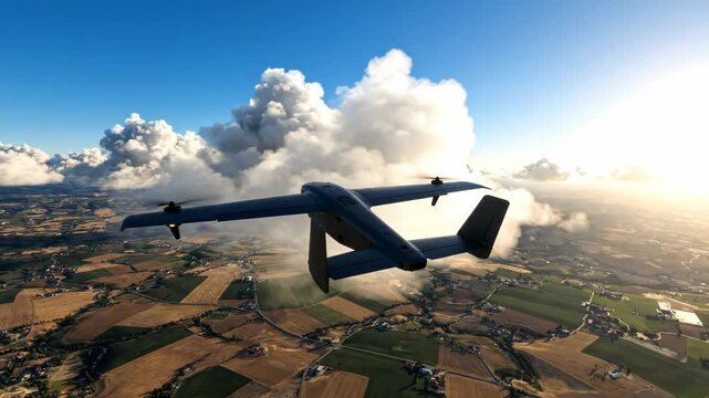 Aerial view of a drone flying over a patchwork landscape with clouds and sun