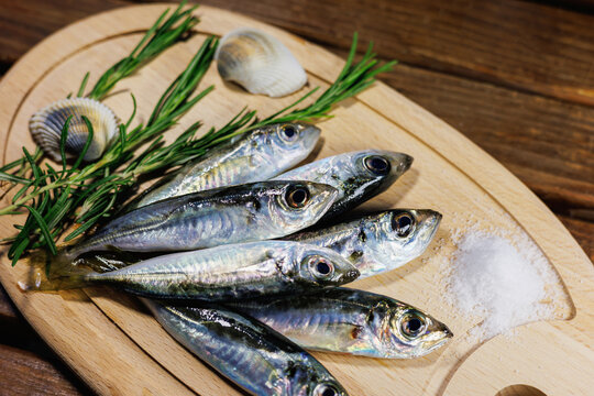 Fresh horse mackerel fish prepared on wooden cutting board with rosemary sprigs, sea salt and seashell decoration on rustic wooden table