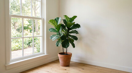 Fototapeta premium 一鉢の観葉植物が印象的なシンプルな住空間。 窓から差し込む夏の光が植物の美しさを引き立てます。 余白を活かしたミニマルなインテリア構成。