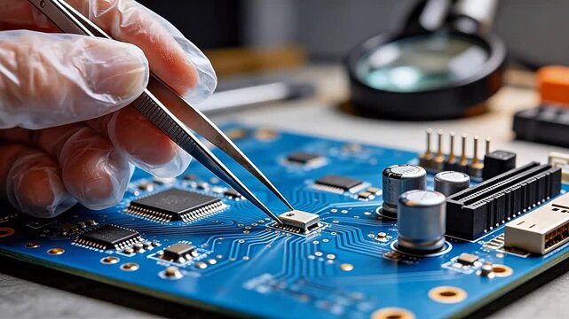 Hand using tweezers on circuit board