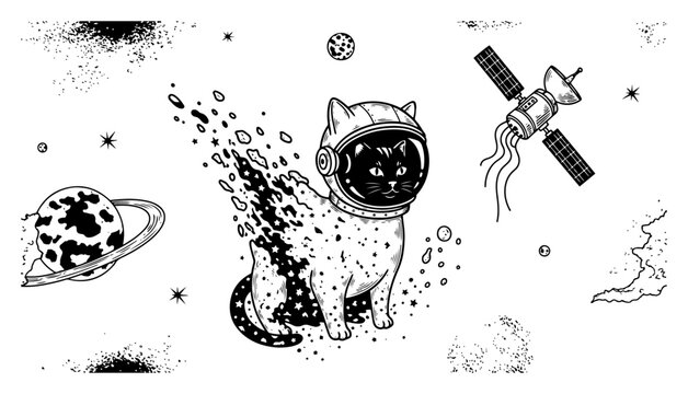 Astronaut cat floating in deep space among planets, surreal hand drawn cosmic kitty and satellite sketch