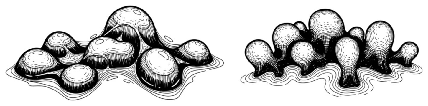 Bulbous organic growths or slime mold fungi set, hand drawn biological fantasy structures sketch