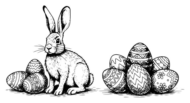 Easter bunny rabbit with pile of decorated eggs, hand drawn vintage holiday sketch for celebration