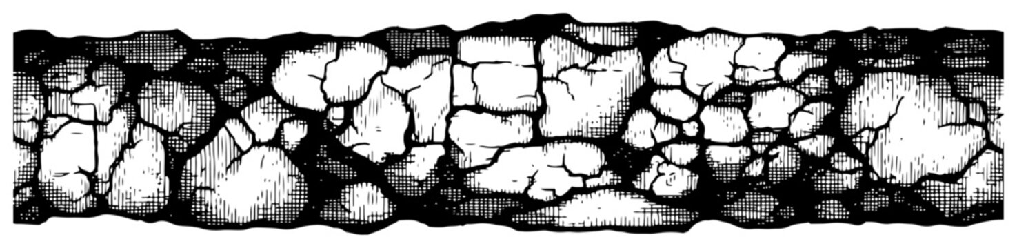 Cracked stone wall or rocky ground horizontal border, hand drawn textured masonry sketch