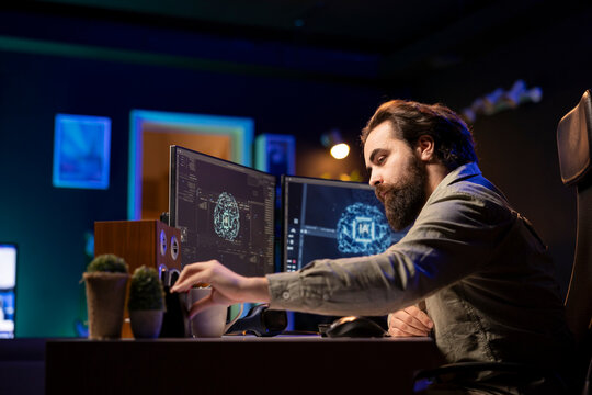 Man inserting classified disk into PC containing software turning AI into self-aware being, with scientist placing confidential cartridge in computer, awakening sentient artificial intelligence.