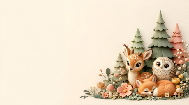 3D Whimsical Pastel Woodland Animals Background with Center Copy Space