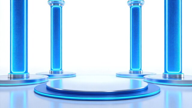 Blue neon pillars on circular platform