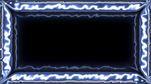 Tracking panning shot of three metallic inflatable rectangular frames rippling and sliding across reflective studio backdrop with black centers