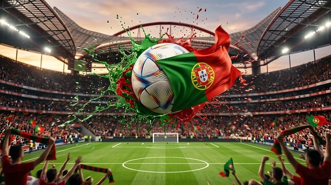 Soccer ball exploding with portuguese flag in stadium spectacle