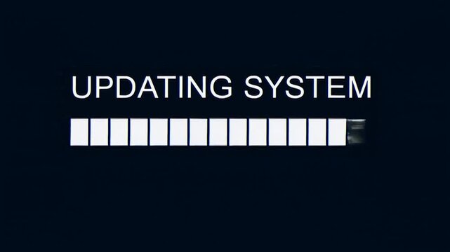 Static shot of digital updating system text with glitching progress bar filling across dark interface screen and glitch animation