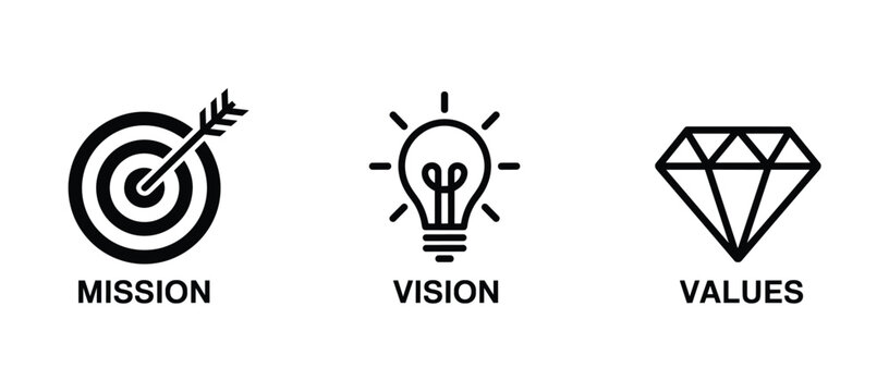 Mission, Vision, Values Icons: A set of three minimalist icons representing 'Mission' (a dartboard with an arrow), 'Vision' (a lightbulb symbolizing ideas).