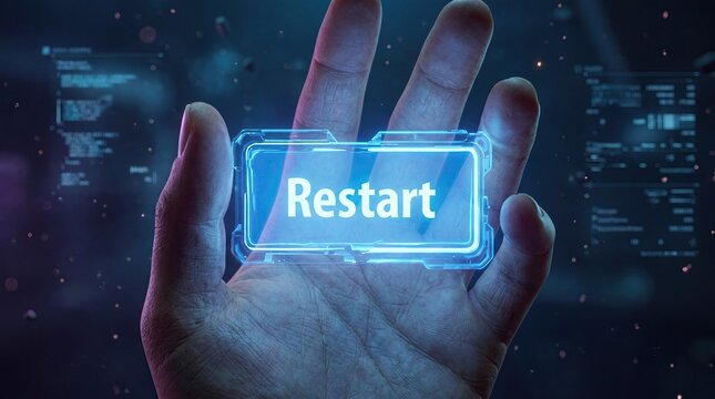 Future Reboot: A glowing, holographic button labeled Restart floats above an open palm, set against a backdrop of futuristic digital interfaces and abstract bokeh lights.