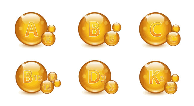 Set of golden glossy vitamin icons including A, B, C, B12, D3, and K2 on white background