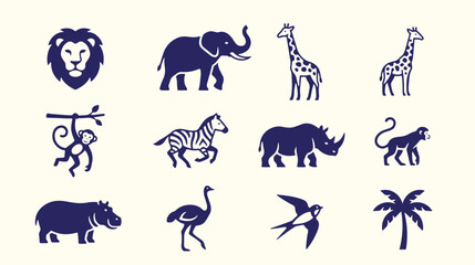 Set of vector safari animals features lion, elephant, giraffes, zebra, rhino, and monkey. © TREND AND VECTORS