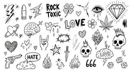 Old school tattoo flash set, hand drawn punk rock doodles and grunge stickers, black and white gothic aesthetic vector illustrations © HUANG