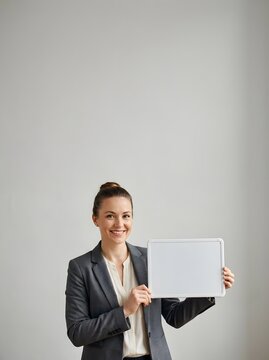 Smiling young businesswoman holding blank white board isolated on clean grey background with copy space