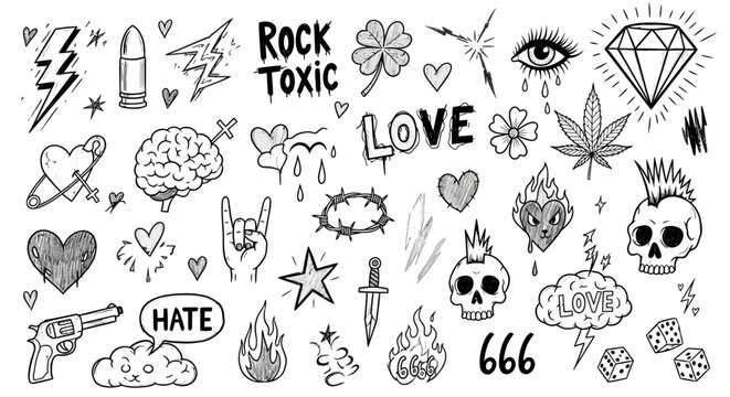 Old school tattoo flash set, hand drawn punk rock doodles and grunge stickers, black and white gothic aesthetic vector illustrations