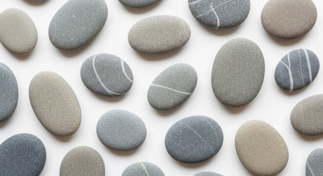 Collection of smooth gray and beige river rocks isolated on white background