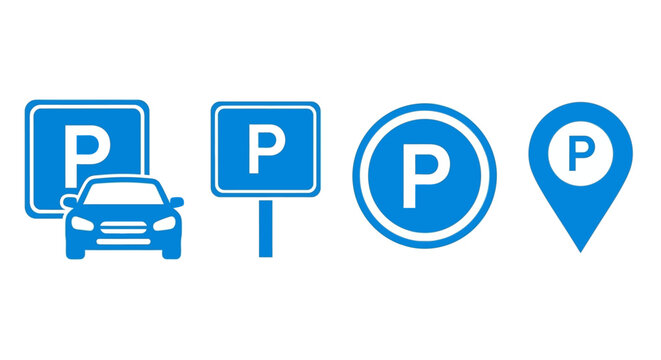 Blue parking sign icon set, flat car park symbols with letter P, automotive location pin and traffic signage vector collection for maps and apps