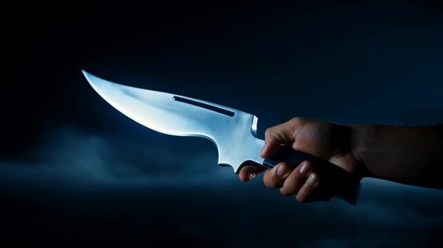 Slow motion tracking shot of hand holding large reflective knife moving forward through fog and low light in dark studio setting
