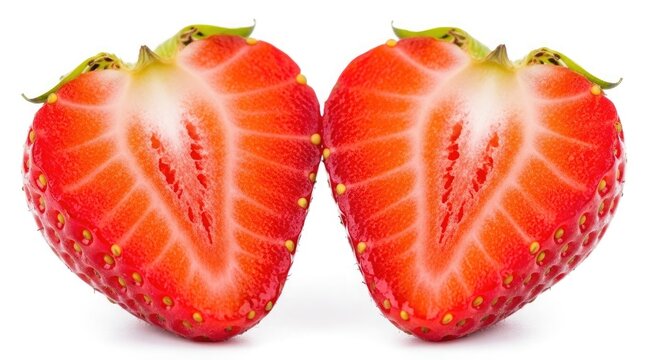 Two halved strawberries isolated on white background showing inner texture