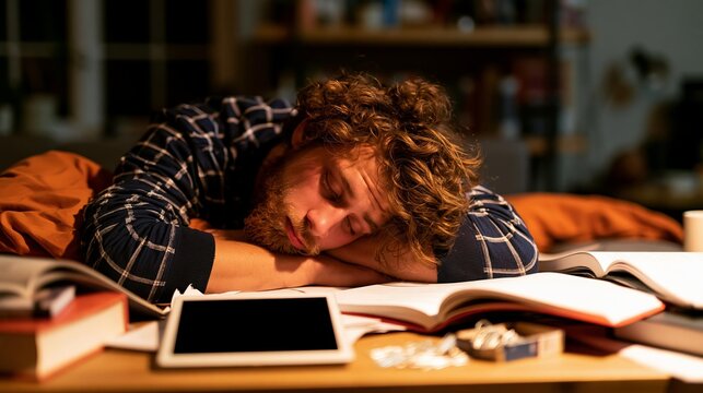 Young man asleep at desk with books and tablet