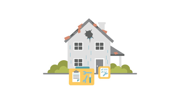 Damaged house with hole in roof and falling bricks displayed with yellow toolbox containing tools and checklist for home repair and maintenance services.