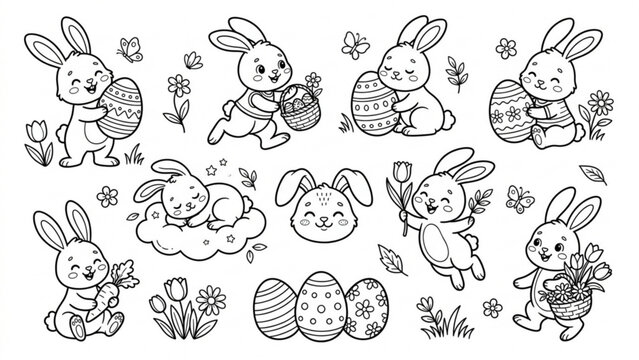 Cute Bunny Easter Activities Outline Vector Set Rabbit with Eggs, Carrots and Spring Nursery Elements