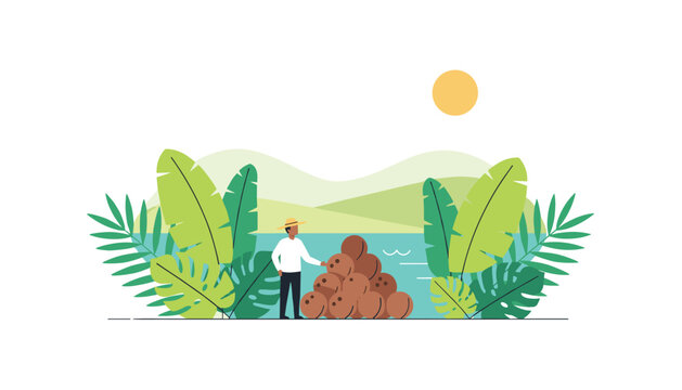 Farmer wearing a straw hat standing beside a large pile of brown coconuts in a tropical landscape with lush palm leaves and a bright sun.