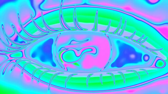 Slow panning tracking shot of stylized eye with color morphing and ripple effects on abstract neon gradient background closeup