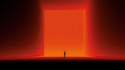 Fototapeta premium A lone figure stands before a vast, glowing orange portal, bathed in warm light