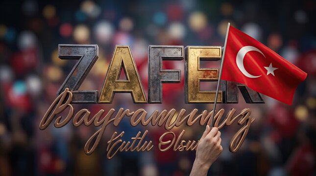 Victory Day Celebration: A grand display of national pride as the word ZAFER (Victory) and Bayramımız Kutlu Olsun (Happy Holiday) are illuminated, with a Turkish flag waving majestically.