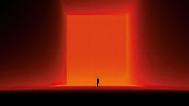 A lone figure stands before a vast, glowing orange portal, bathed in warm light