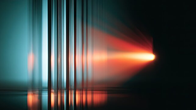 Abstract light beams, red and blue, create a dramatic, reflective, futuristic scene