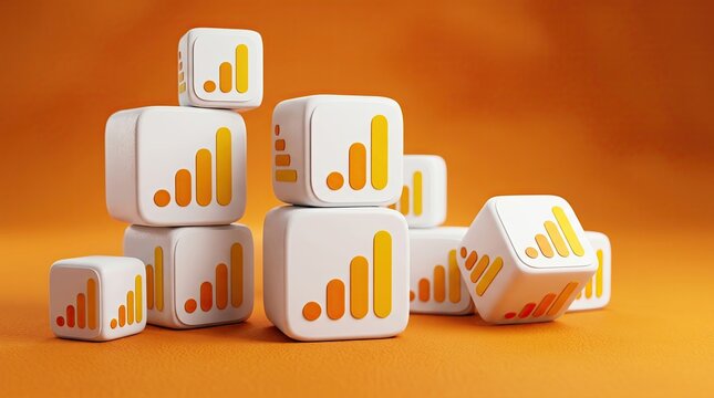 Analytics Cubes: A collection of white cubes, each adorned with a golden chart representing growth and data analysis, are artfully arranged on a vibrant orange background.
