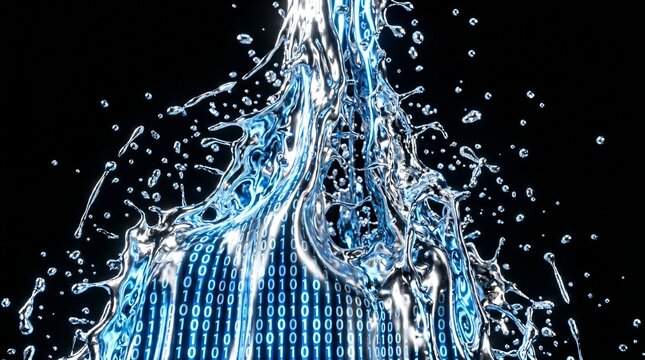 Binary code background glows behind a chaotic splash of crystalline water droplets and streaks.