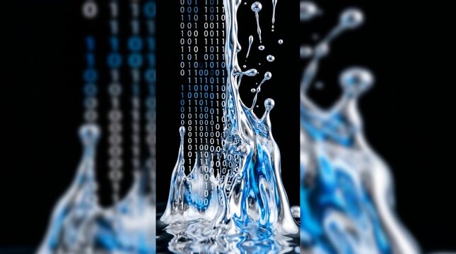 Water droplets erupt from a central pool of liquid against a backdrop of scrolling blue binary data.