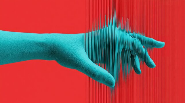 Teal hand merging with red background through distorted vertical lines